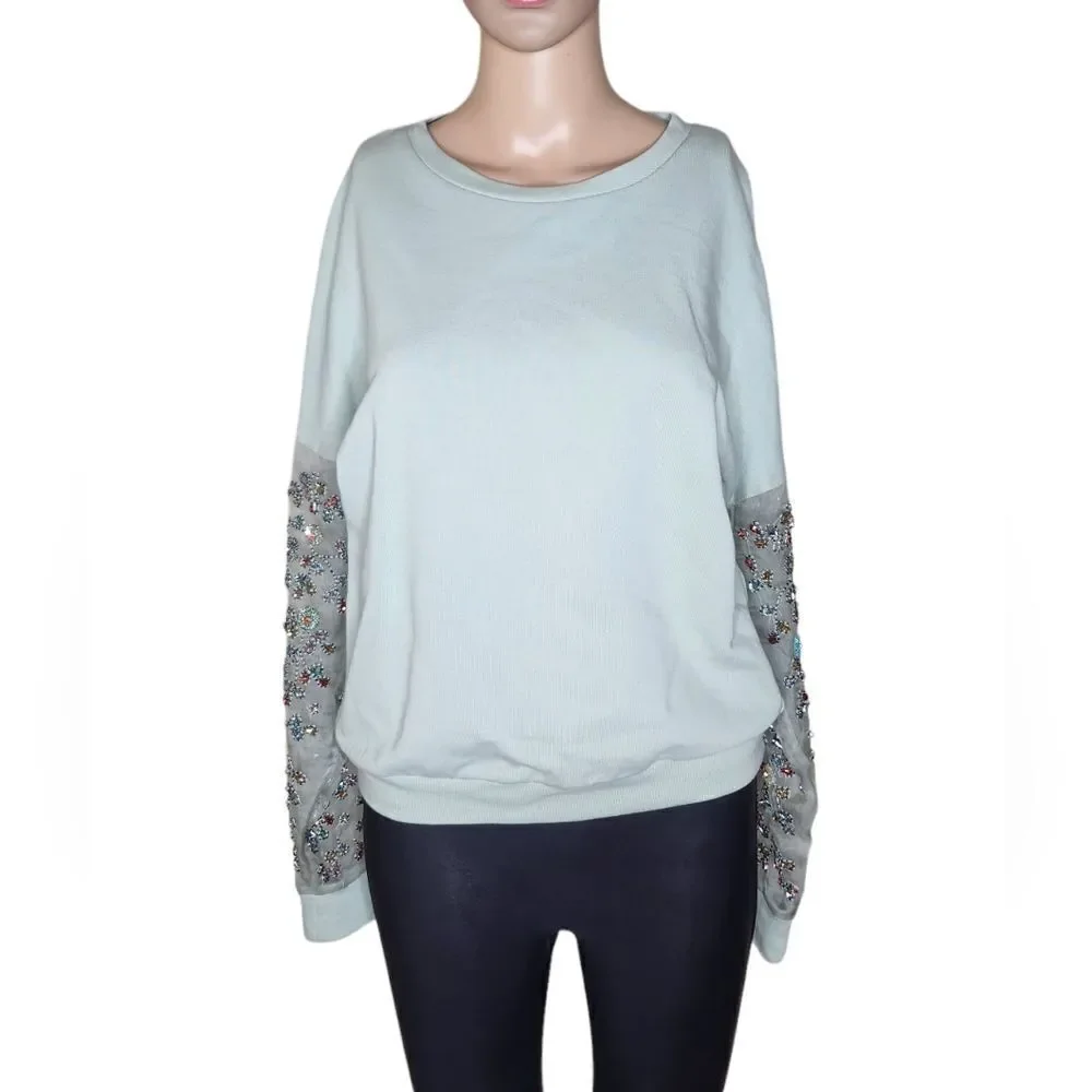 Anthropologie Let Me Be Luckcharm women's blue cotton beaded sweatshirt Size XS - Picture 2 of 12